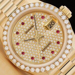 ROLEX LADIES 18K GOLD CHAMPAGNE FACTORY PAVE DIAMOND RUBY PRESIDENT WATCH PAPER